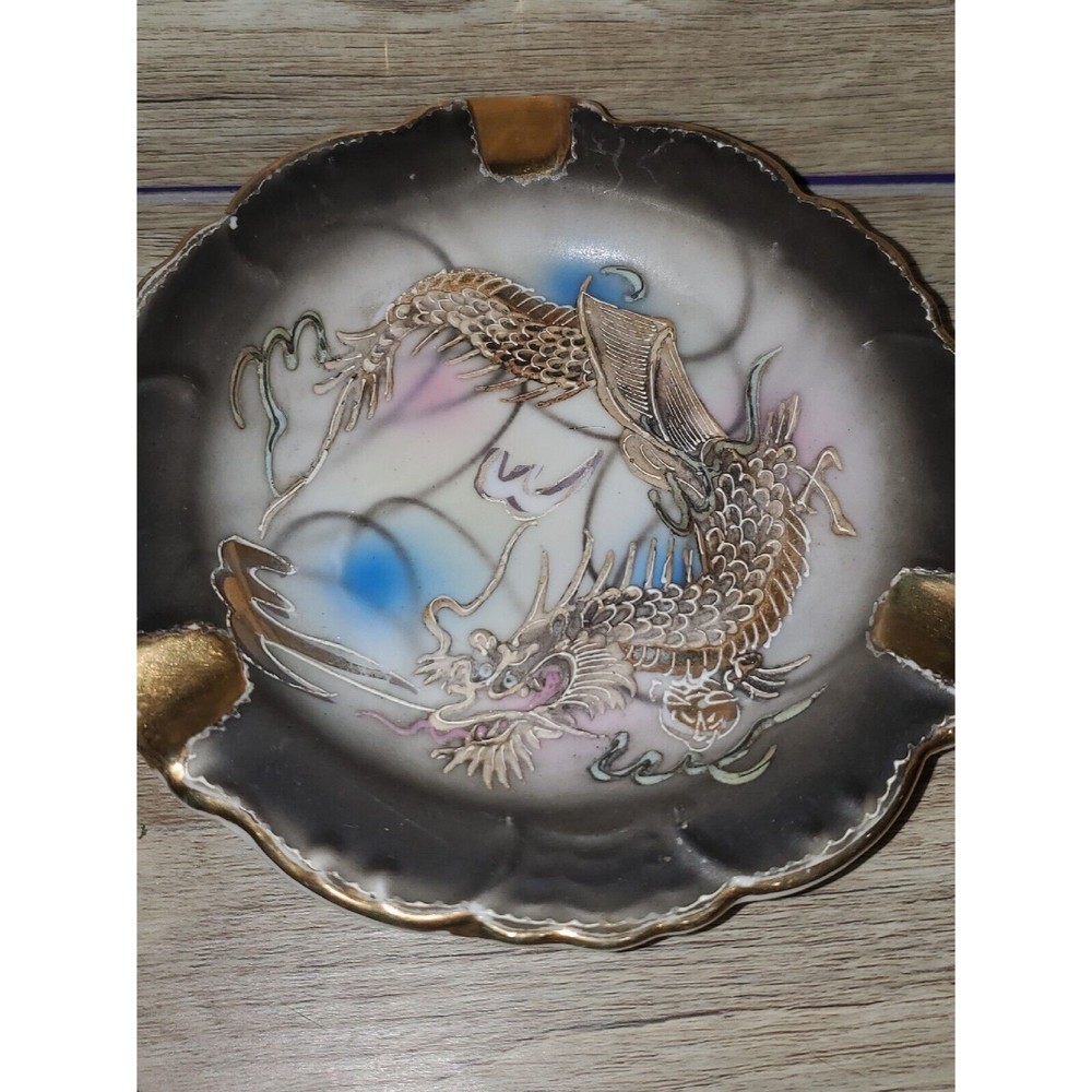Vintage Japanese Dragonware Moriage Ashtray with Gold Trim Hand Painted Japan 6"